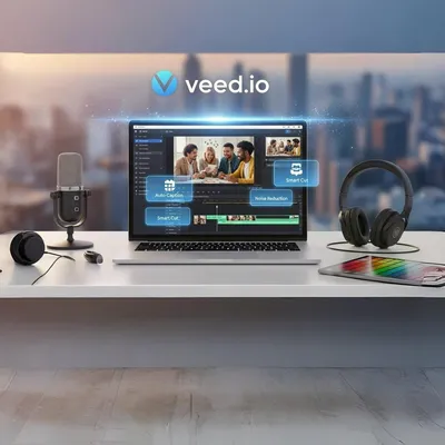 Setup de edição veed.io com laptop microfone e fones modernos