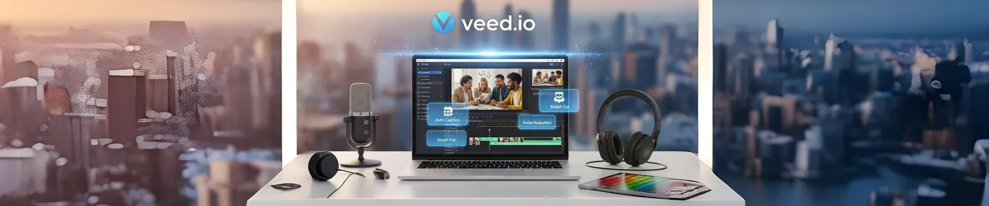 Edição de vídeo com fones microfone e logo veed.io em tela