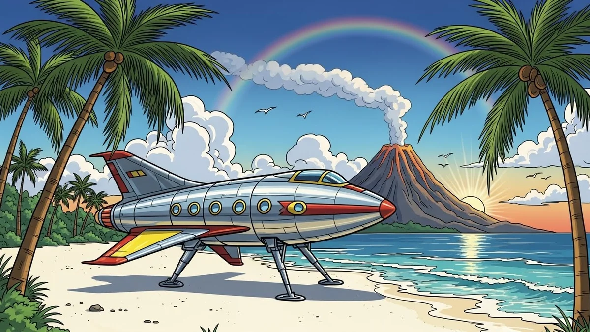 Nave espacial retrô pousada em praia tropical com vulcão