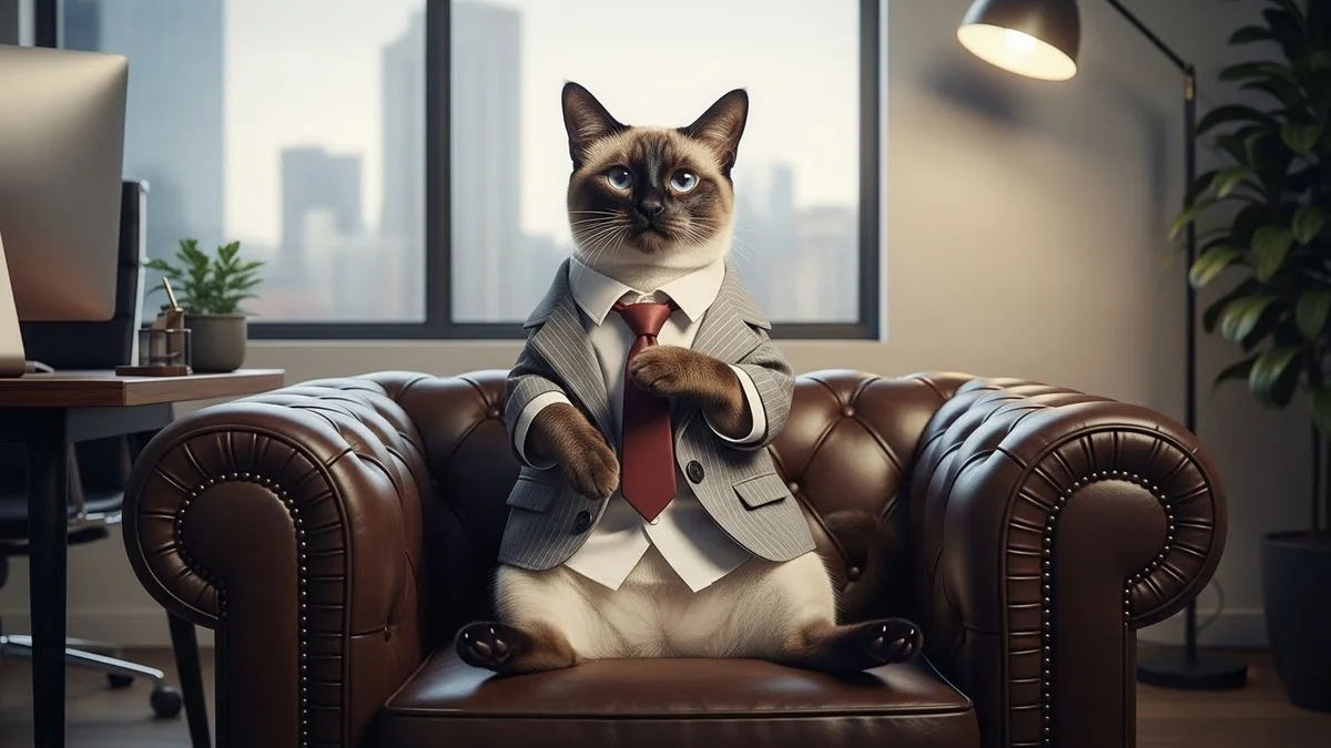 Gato de terno sentado em poltrona de escritório com fundo urbano