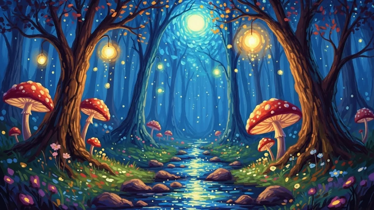 Floresta de conto de fadas à noite com cogumelos e luzes