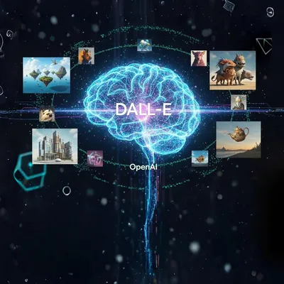 Cérebro IA DALL-E OpenAI rodeado por imagens digitais.
