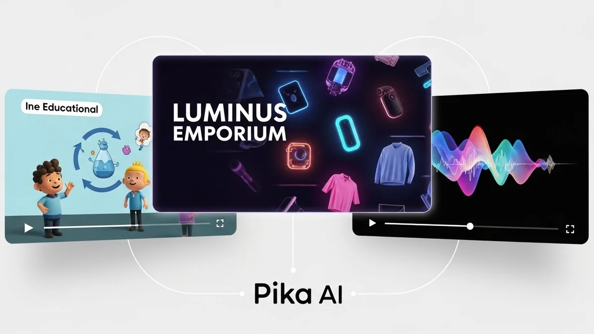 Três telas flutuantes mostrando conteúdo: educação, e-commerce ("LUMINUS EMPORIUM") e áudio, com o texto "Pika AI".