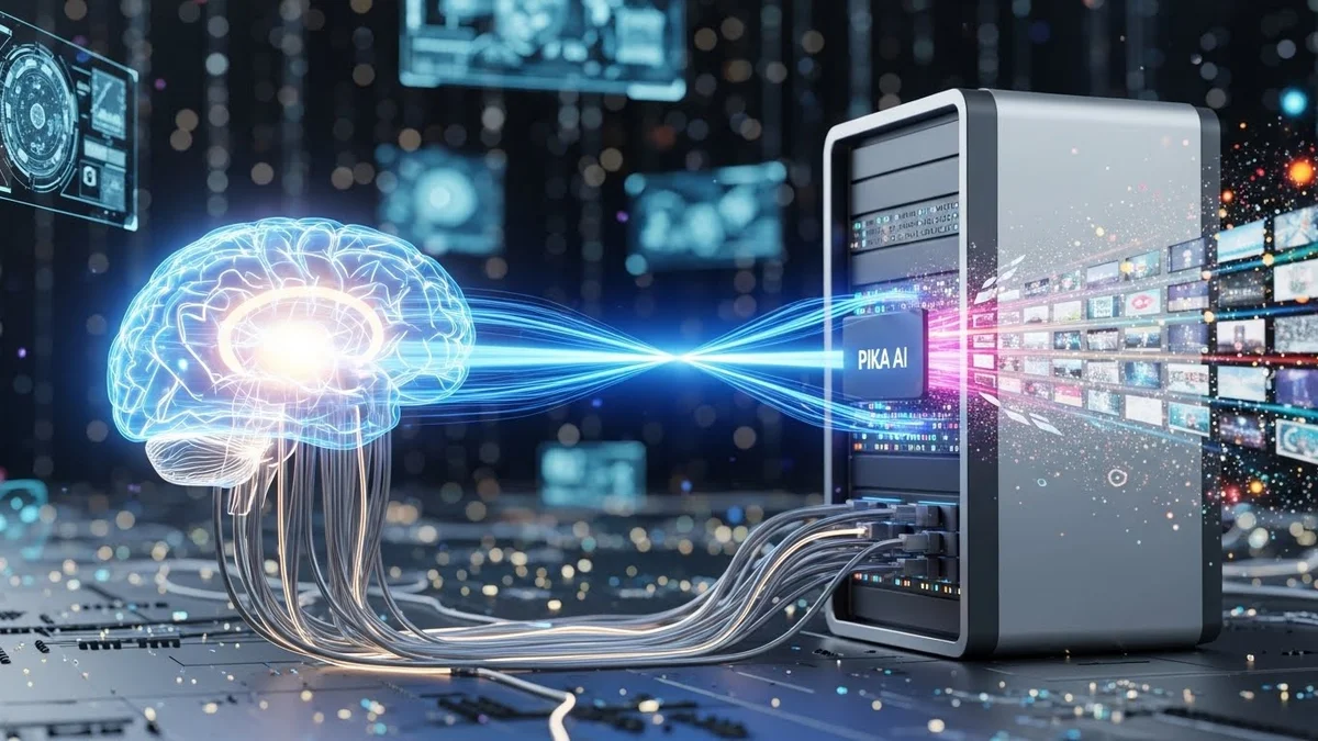 Cérebro de IA se conecta a servidor rotulado "PIKA AI" e telas de vídeo.