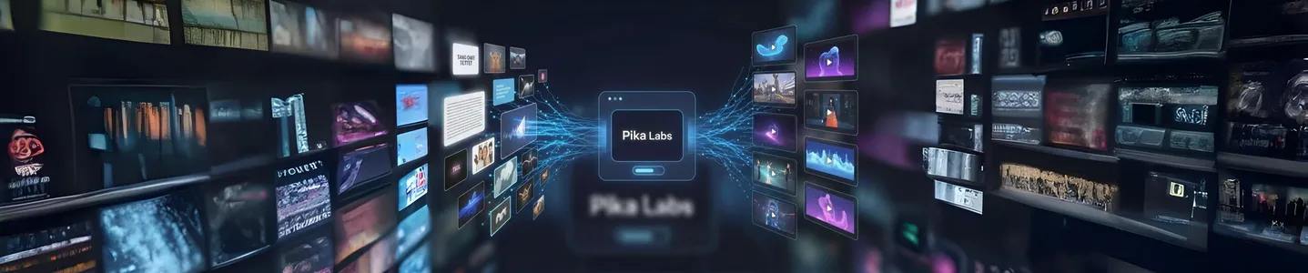 Banner largo da plataforma Pika Labs exibindo uma interface futurista de geração de vídeos com IA e múltiplas telas.