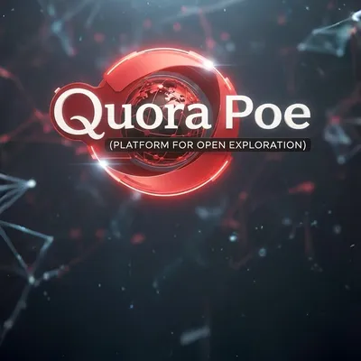 Banner largo do Quora Poe apresentando o logotipo vermelho centralizado entre paredes de rocha escura texturizada e um fundo digital futurista.