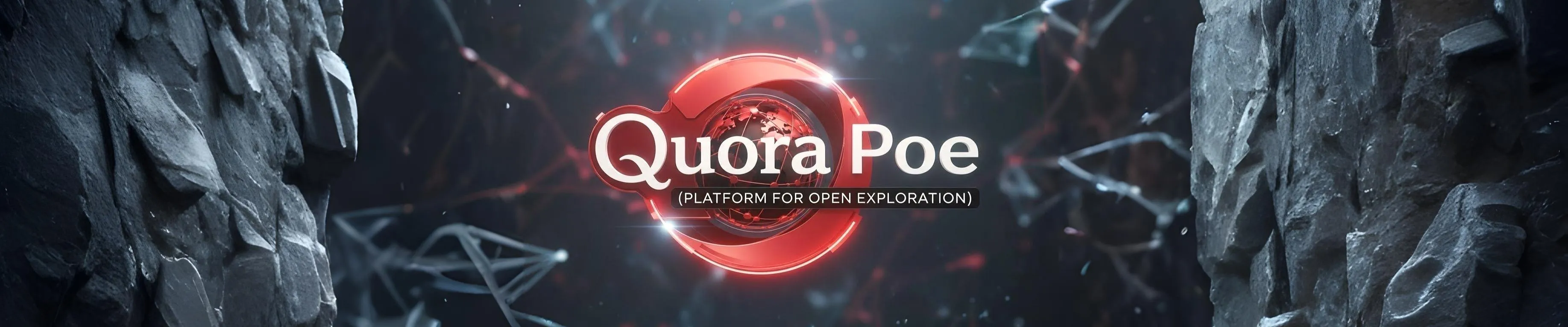 Logotipo 3D vermelho brilhante do Quora Poe "Platform for Open Exploration" sobre um fundo abstrato de rede neural escura.
