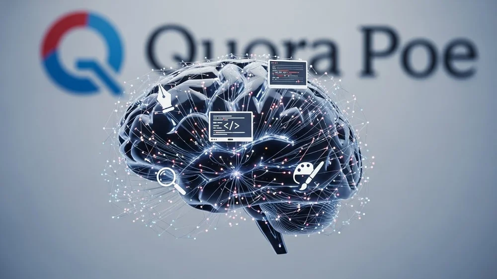 Imagem conceitual de um cérebro digital conectado com ícones de código, design e escrita, e o logo Quora Poe.