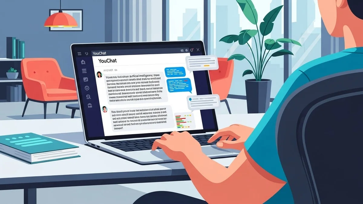 Pessoa digitando em laptop com interface de chatbot de inteligência artificial.