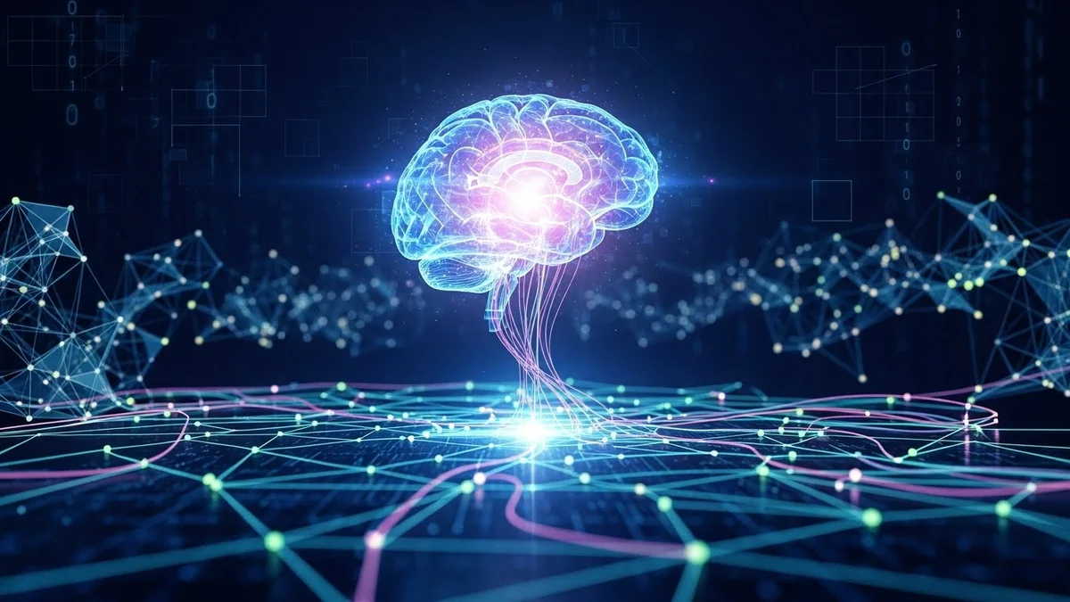 Representação digital de um cérebro conectado a uma rede neural.