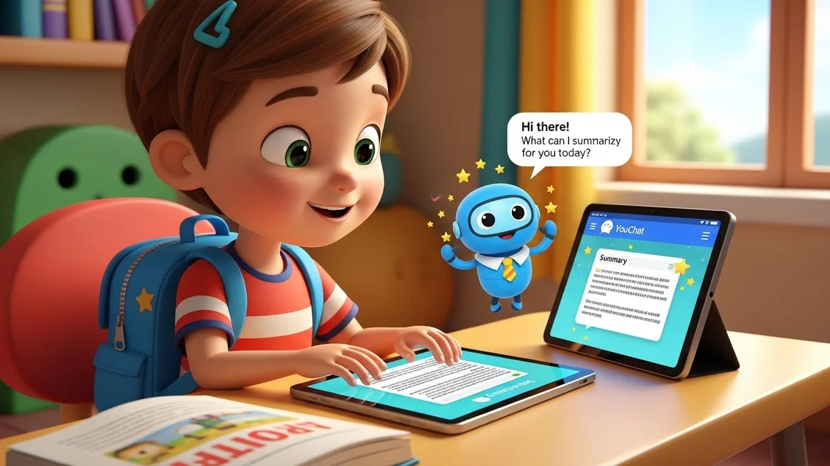 Criança em idade escolar usa tablet, com assistente de chat bot flutuante (YouChat) oferecendo-se para resumir o texto na tela.