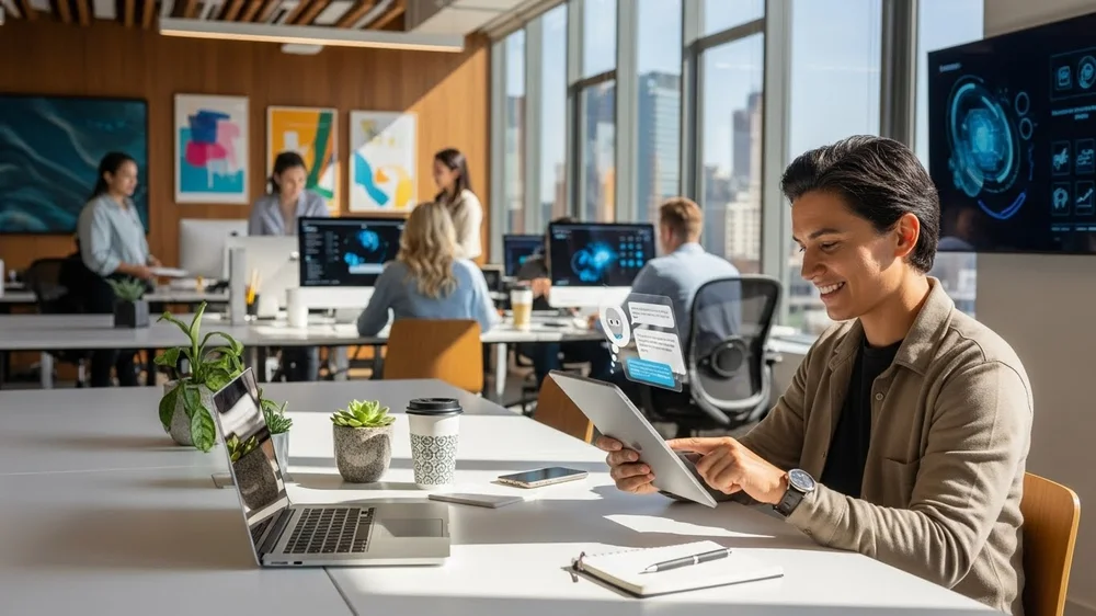 Profissional usando tablet com assistente virtual de IA em escritório moderno de desenvolvimento de software.