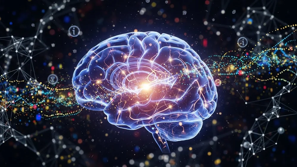 Imagem conceitual de cérebro humano digitalizado e brilhante, representando redes neurais e inteligência artificial.