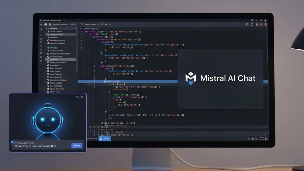 Chat da Mistral AI integrado a um ambiente de desenvolvimento (IDE) para assistência a código.