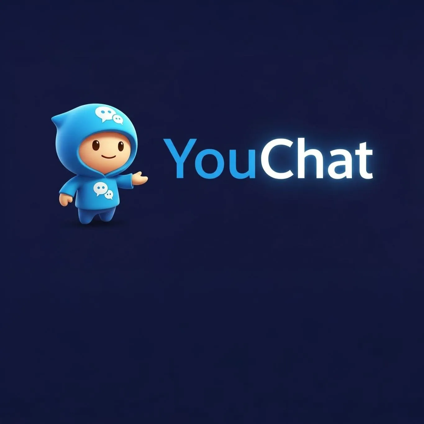 Mascote 3D amigável do YouChat, um personagem pequeno com capuz azul e ícone de chat, posicionado ao lado do logotipo oficial da marca em um fundo azul escuro.