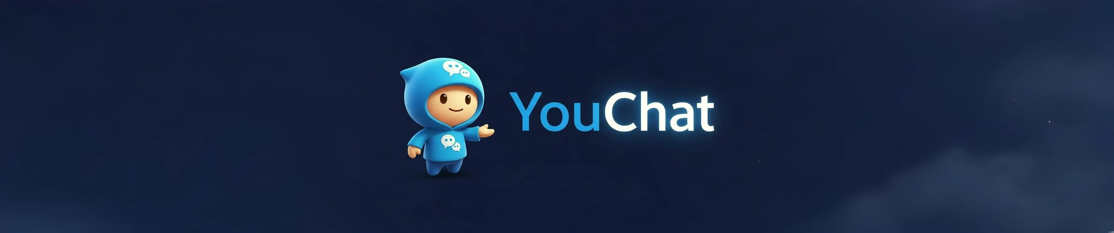 Ilustração renderizada do assistente virtual do YouChat apresentando o nome da ferramenta de busca com inteligência artificial sobre um fundo degradê escuro.