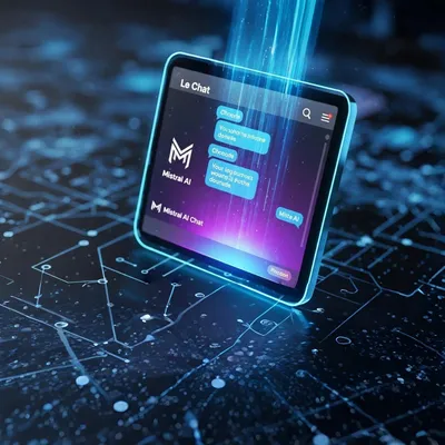 Interface móvel da Mistral AI: demonstração do assistente virtual 'Le Chat' rodando em um dispositivo tablet com gráficos de alta tecnologia.