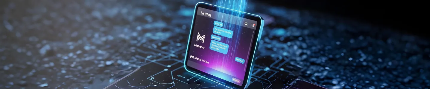 Tablet exibindo a interface do 'Le Chat' da Mistral AI, destacando o logotipo brilhante e um design futurista de rede neural em tons de azul e roxo.
