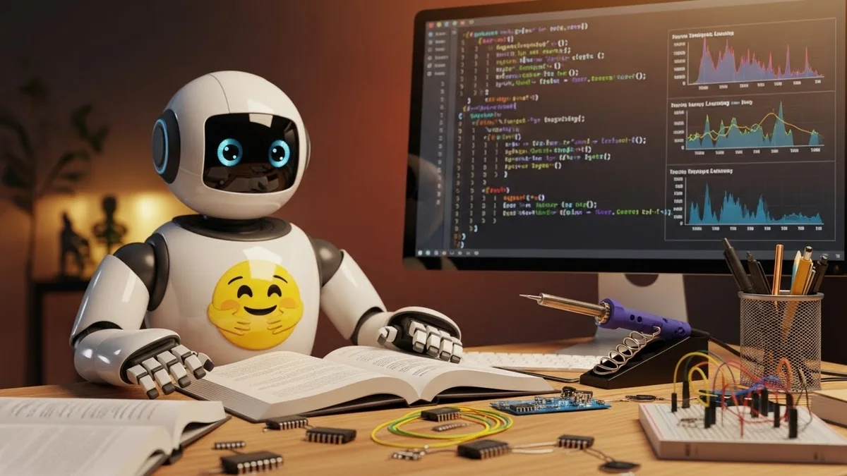 Robô humanoide branco com olhos azuis lendo um livro físico em uma mesa com computador exibindo códigos e gráficos ao fundo.