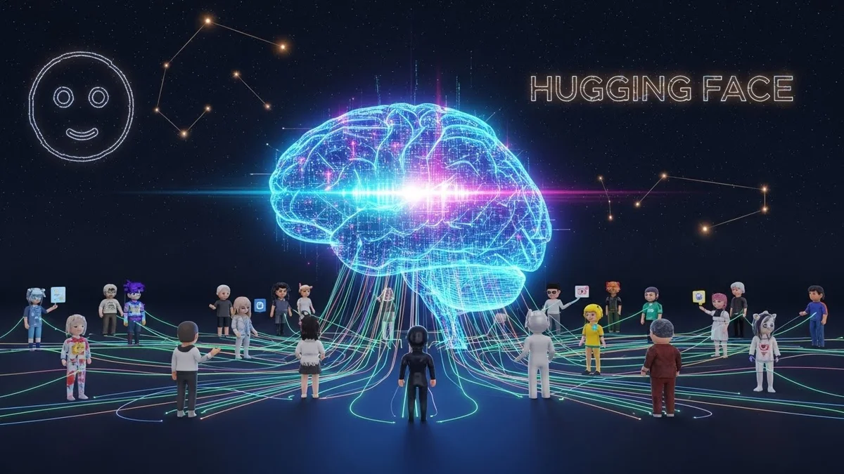 Representação digital de um cérebro luminoso conectado por fibras ópticas a diversas figuras humanas, com o texto "HUGGING FACE" no céu estrelado.