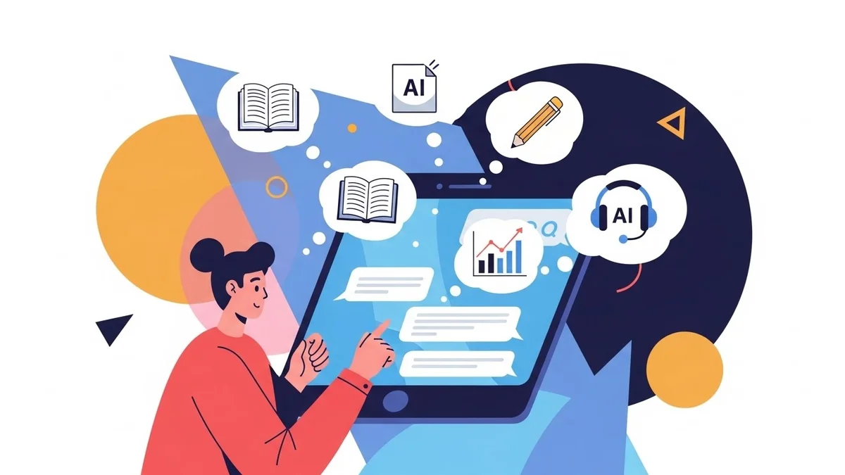 Ilustração colorida de uma mulher usando um tablet com balões de pensamento contendo ícones de livros, gráficos e suporte de IA.