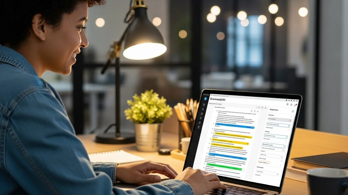 Mulher sorridente usando um notebook em uma mesa iluminada por uma luminária, com uma interface de edição de texto exibida na tela.