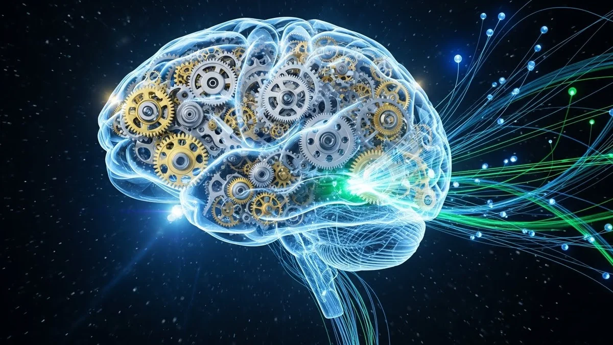Ilustração de um cérebro humano transparente preenchido com engrenagens douradas e prateadas, conectado a feixes de luz neon em um fundo espacial.