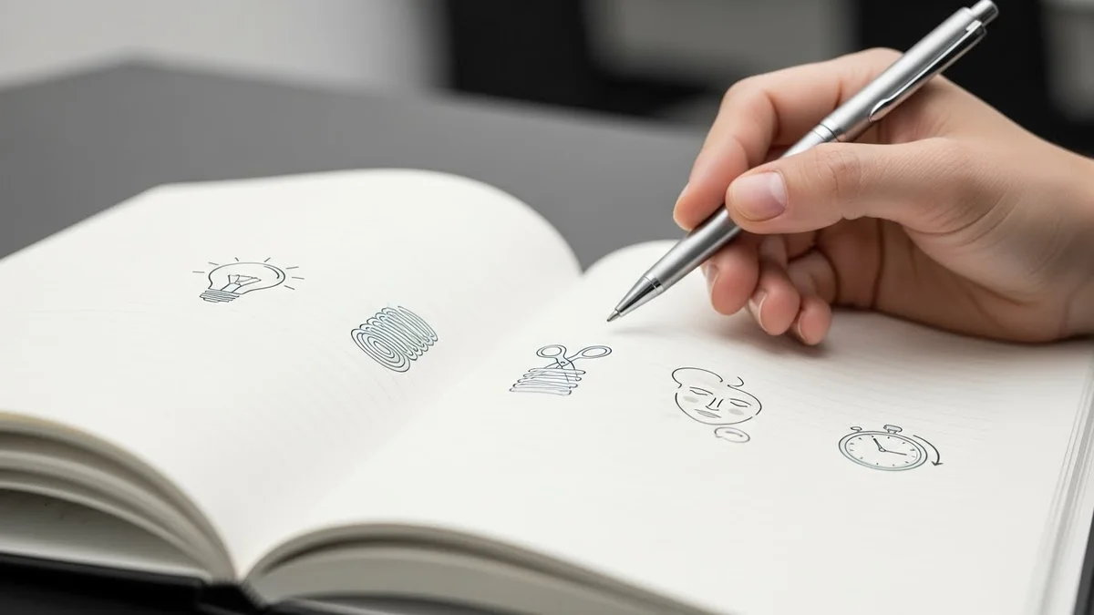 Alt Text: Mão segurando uma caneta prateada e desenhando ícones de lâmpada, mola, tesoura, rosto e cronômetro em um caderno branco aberto.