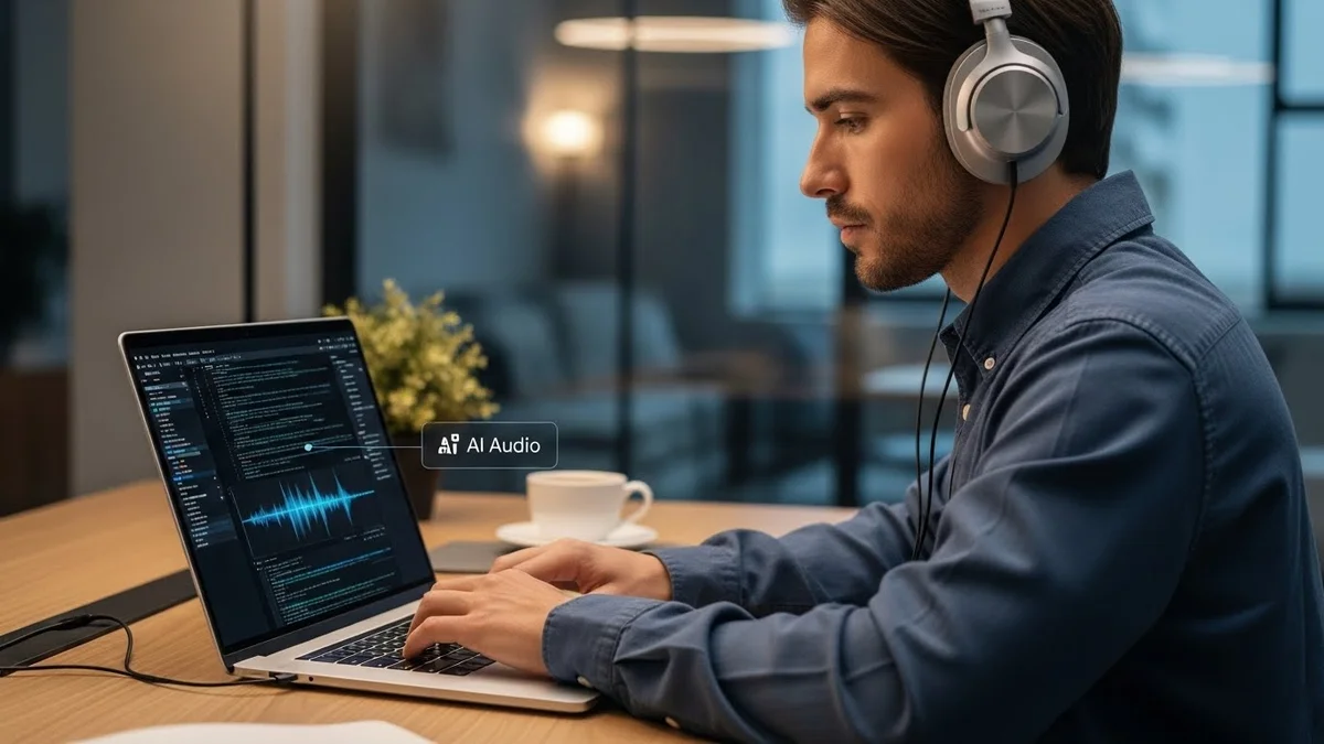 Um homem de fones de ouvido trabalhando em um notebook que exibe uma interface de "AI Audio" com gráficos de ondas sonoras em um escritório.