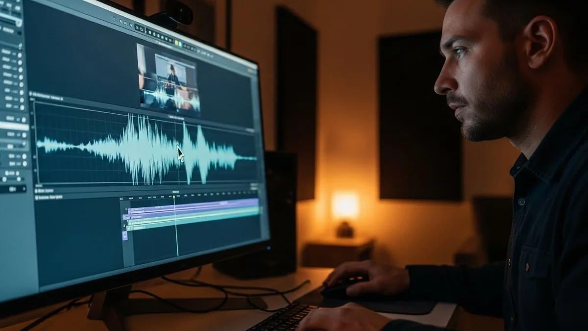 Um homem de perfil focado na tela de um monitor que exibe ondas sonoras e software de edição de áudio em um ambiente com iluminação quente.