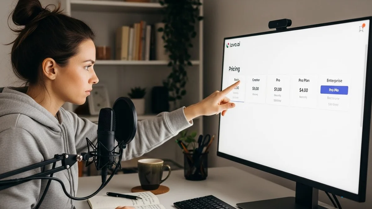 Uma mulher apontando para uma tela de monitor que mostra planos de preços do site Lovo.ai, com um microfone profissional à sua frente.