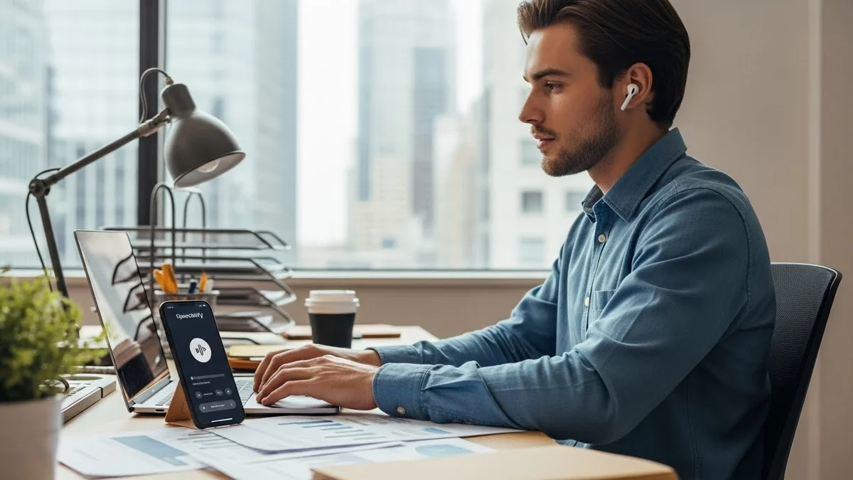 Homem trabalhando no computador em um escritório moderno, com um smartphone à frente exibindo um aplicativo de transcrição de voz ou áudio.