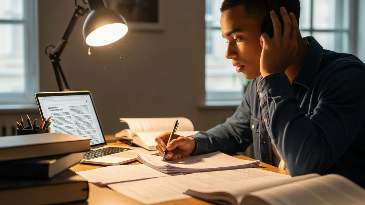 Jovem com fones de ouvido estudando à noite sob a luz de uma luminária, escrevendo em papéis com um laptop aberto ao lado.