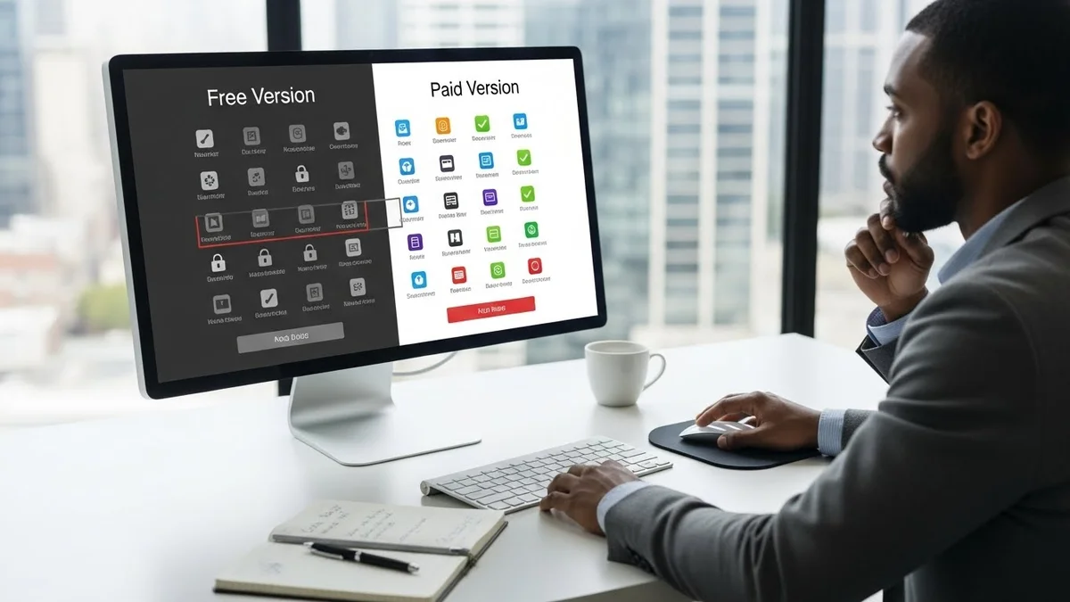 Homem analisando em um monitor de computador a comparação de recursos entre a versão gratuita e a versão paga de um software.