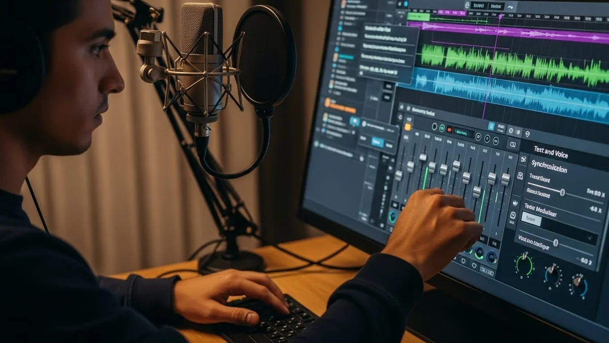 Close de produtor usando microfone profissional e monitor com software de mixagem de áudio.