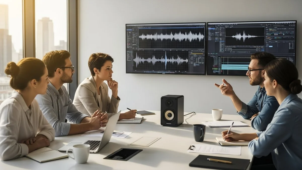 Equipe em sala de reunião analisando ondas sonoras em grandes telas, discutindo produção de áudio.