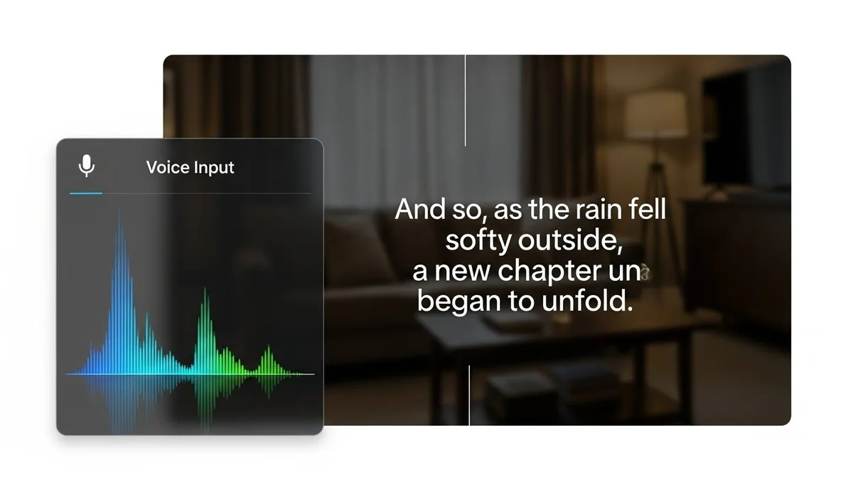 Interface digital de entrada de voz com ondas sonoras e texto transcrito sobre fundo de sala de estar.