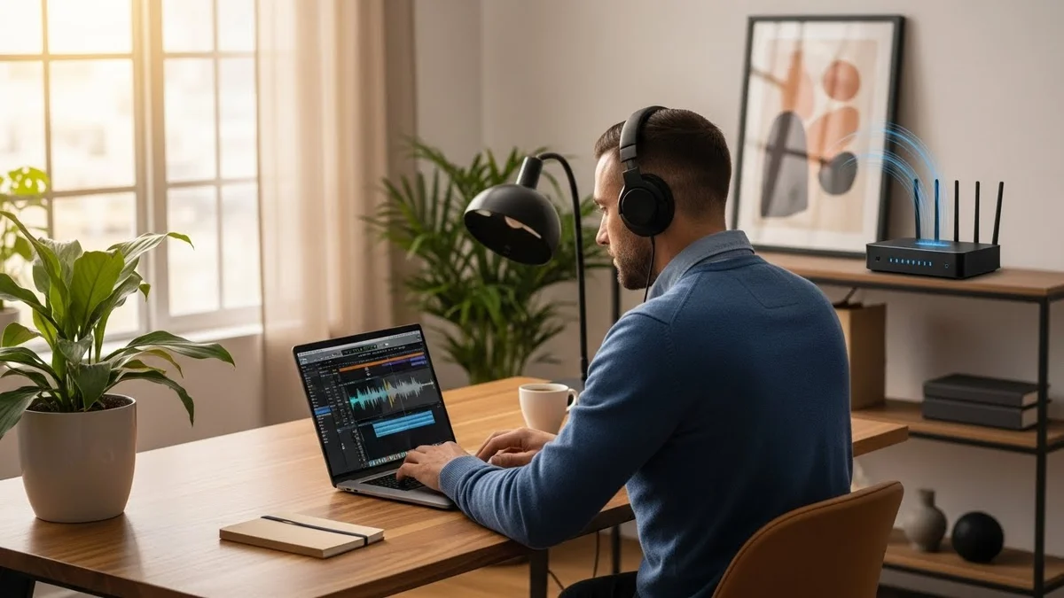 Homem com fones de ouvido editando áudio no laptop em um home office moderno com roteador Wi-Fi.