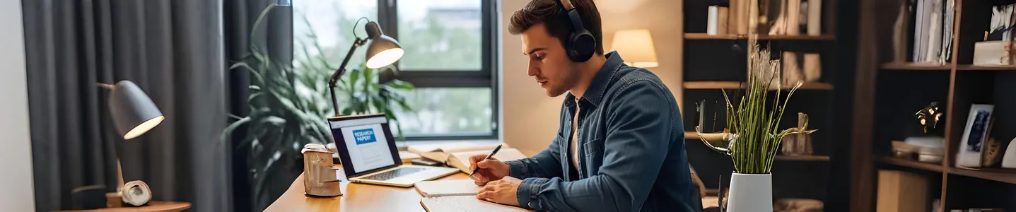 Homem estudando em casa com fones, laptop e caderno