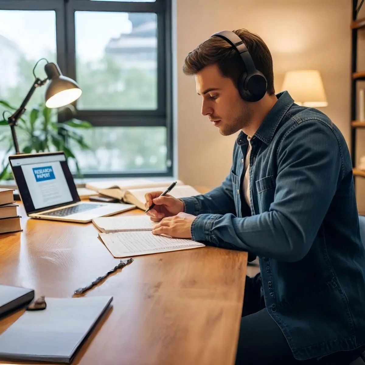Homem estudando em casa com fones, laptop e caderno