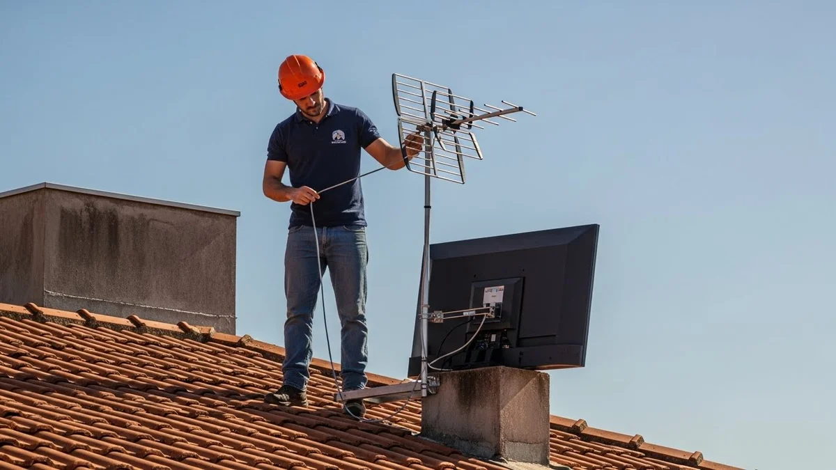 Técnico com capacete instalando antena de TV no telhado.