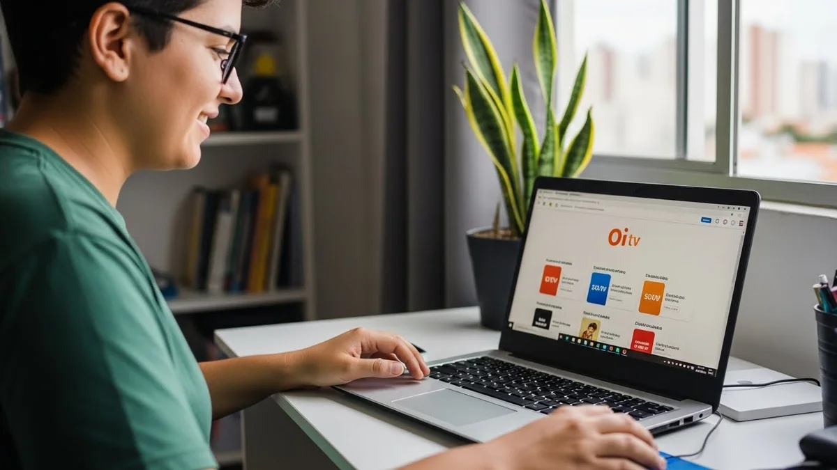 Homem acessando o portal de serviços da Oi TV no computador.