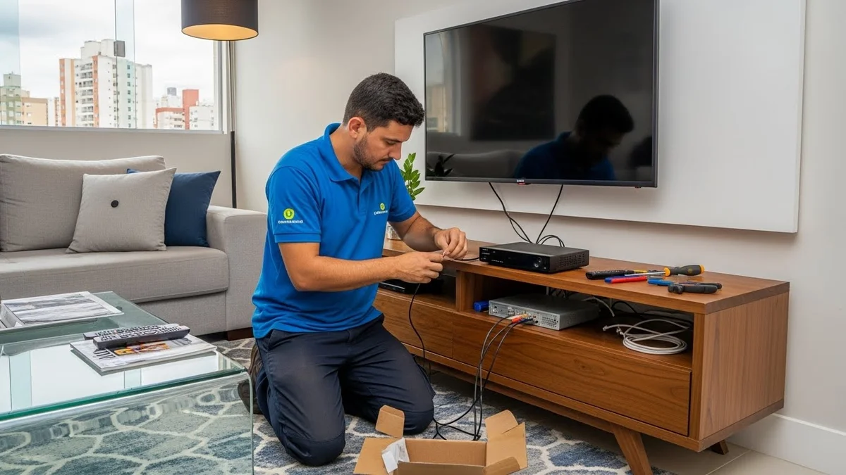 Técnico instalando decodificador de TV a cabo na sala de estar.