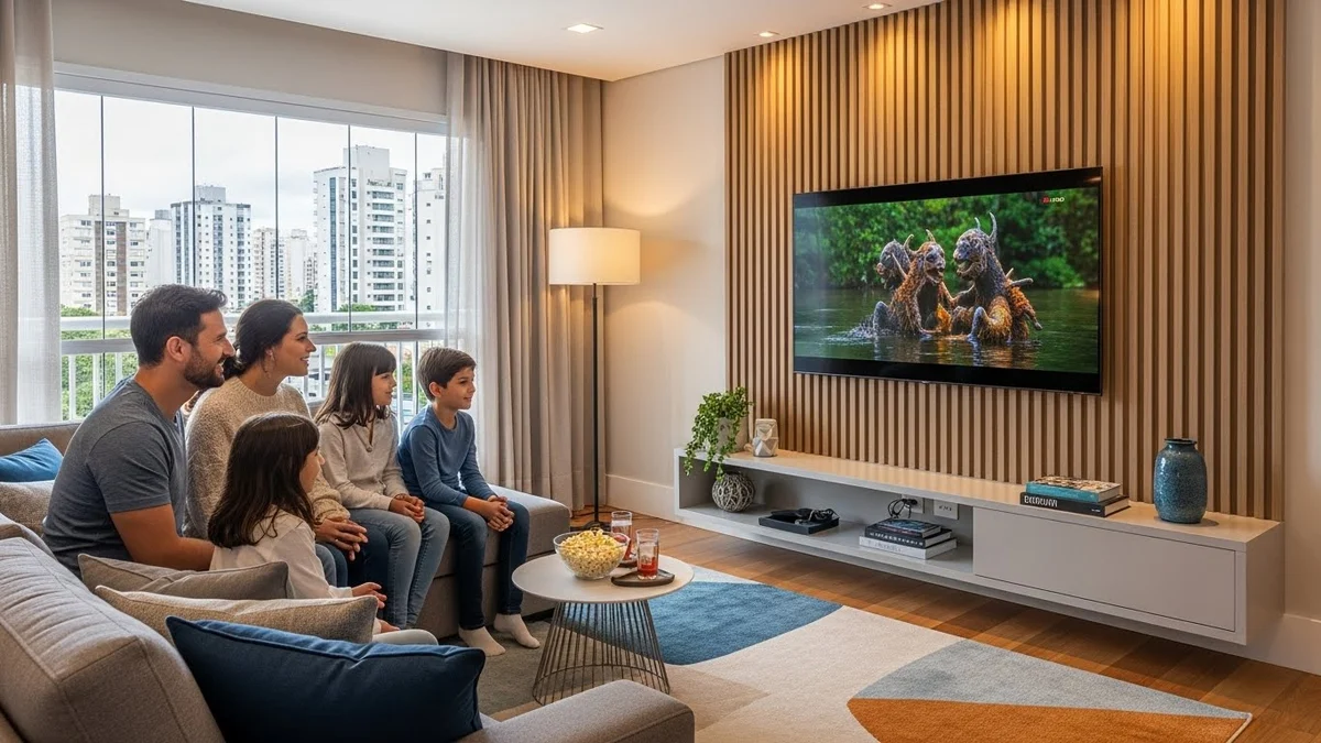 Família reunida no sofá assistindo à programação na TV da sala.