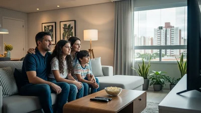 Casal e dois filhos sentados no sofá comendo pipoca e assistindo televisão juntos.