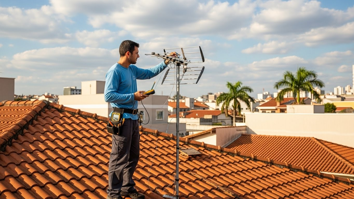 Técnico instala antena de TV em telhado residencial.