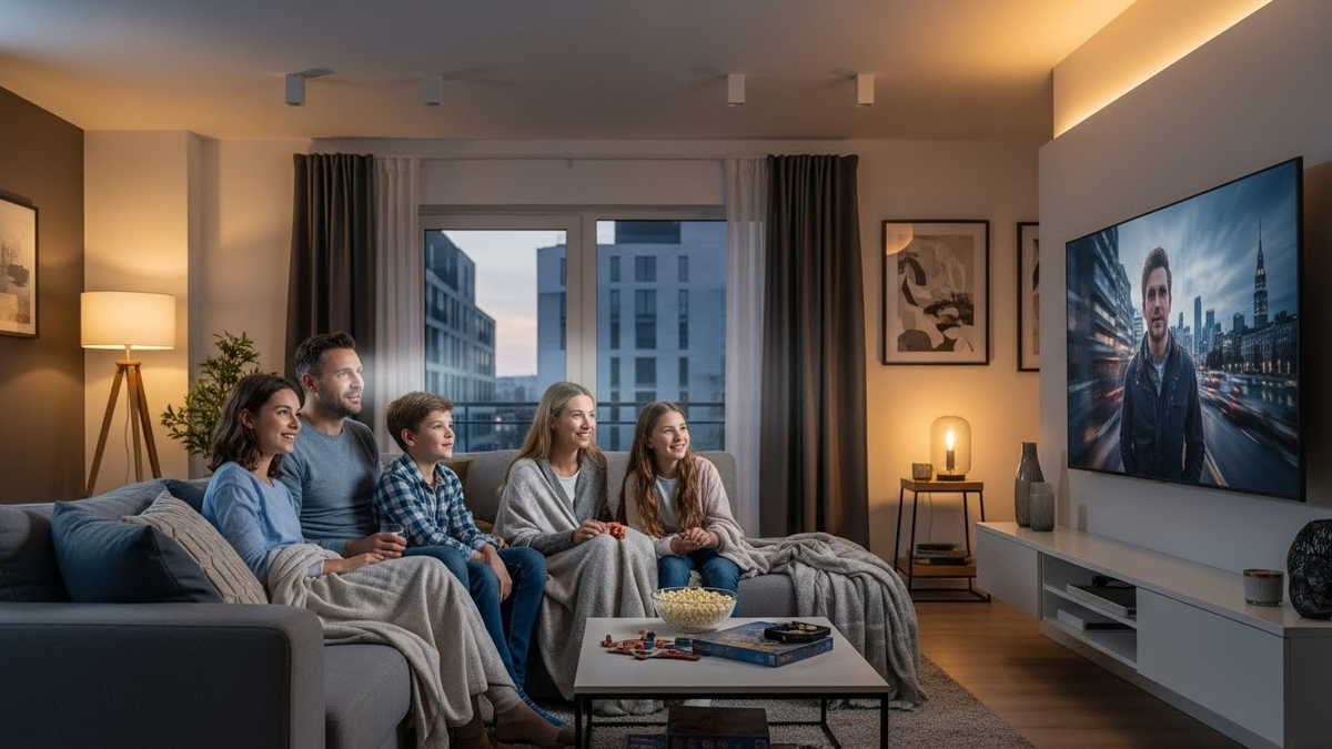 Família reunida na sala assistindo TV em casa moderna.