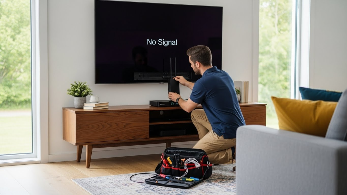 Técnico ajusta modem em TV com aviso de falta de sinal.