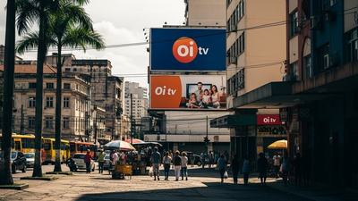 Outdoor da Oi TV em rua movimentada em Duque de Caxias