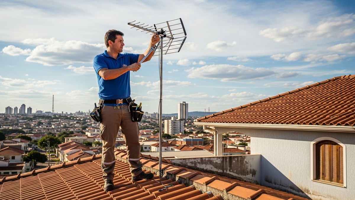 Técnico instala antena de TV em telhado residencial.